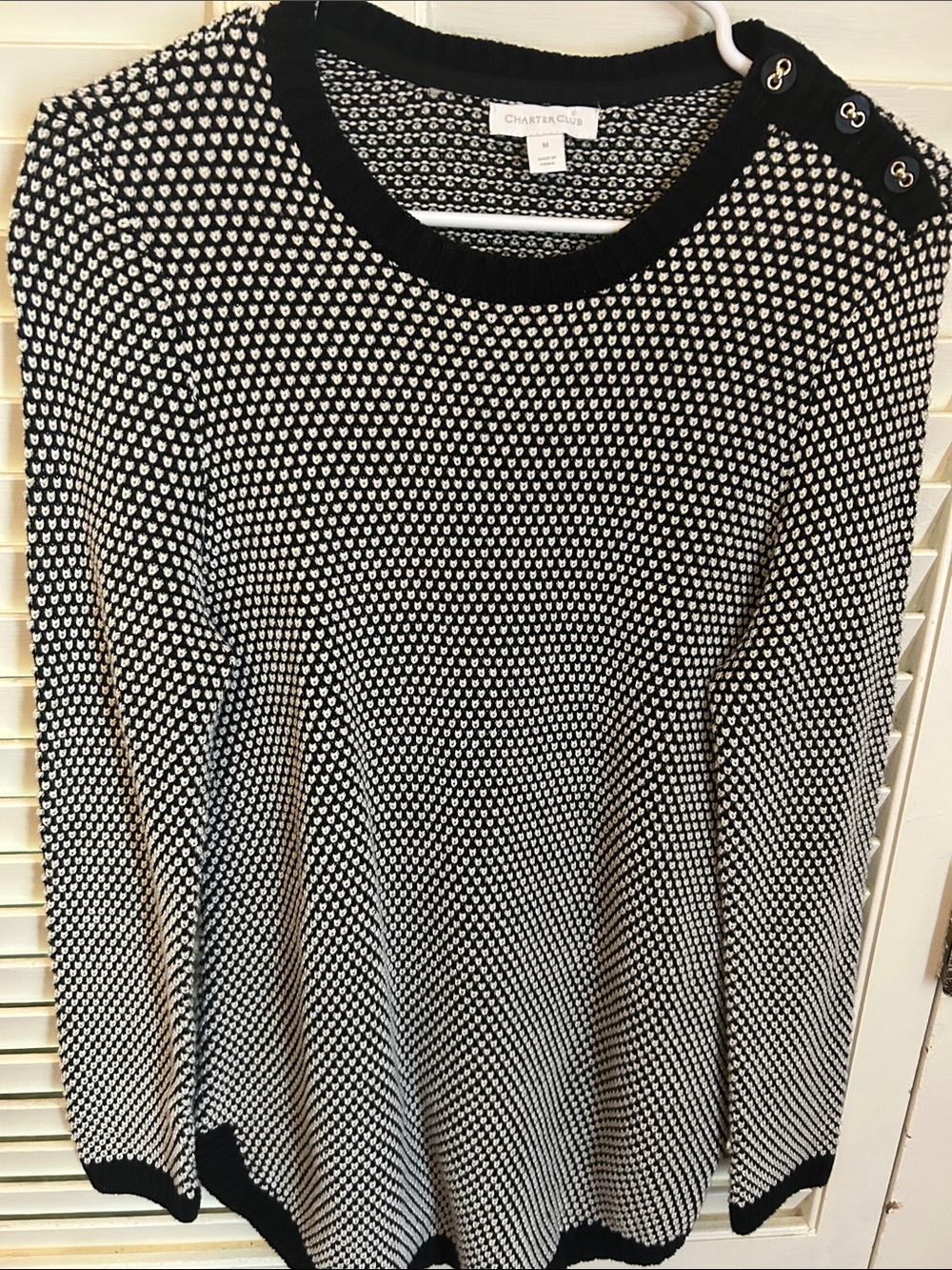 Charter Club Black and White Crewneck Button-Shoulder Sweater